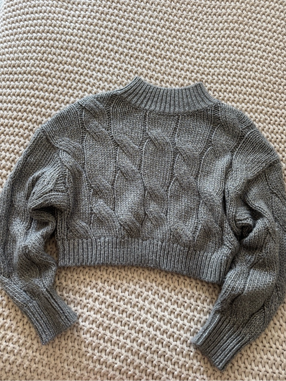 525 America Gray Cable-Knit Cropped Turtleneck Sweater